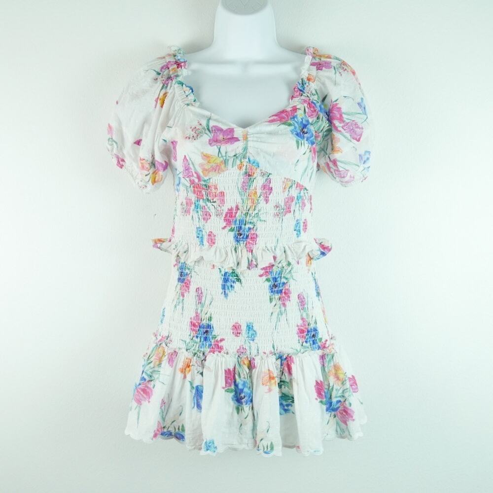 LoveShackFancy Jarrah Smocked Floral Mini Dress Size P Romantic Coquette Ruffle